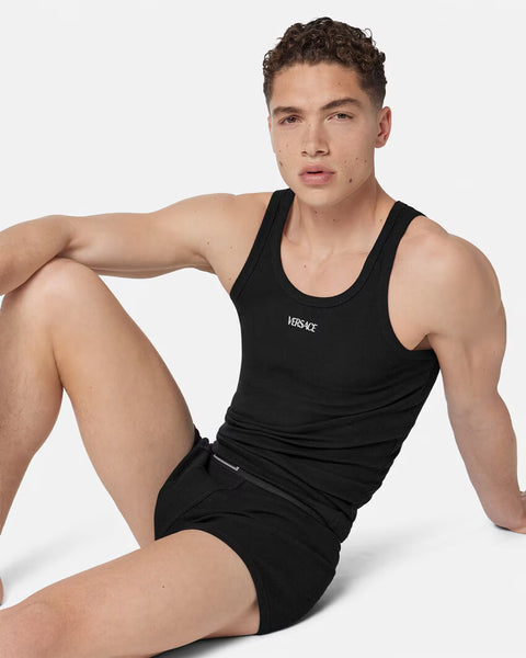 VERSACE 90s VINTAGE LOGO RIBBED TRUNKS, BLACK