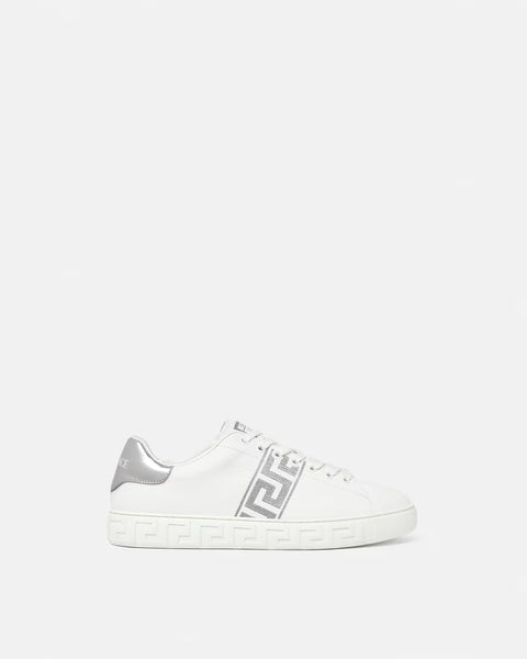 VERSACE Embroidered Greca Sneakers, White+Silver
