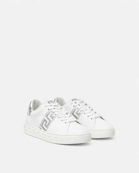 VERSACE Embroidered Greca Sneakers, White+Silver