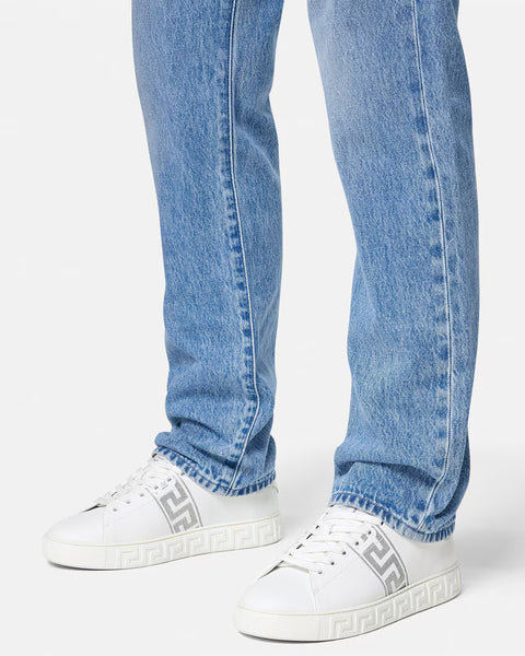 VERSACE Embroidered Greca Sneakers, White+Silver