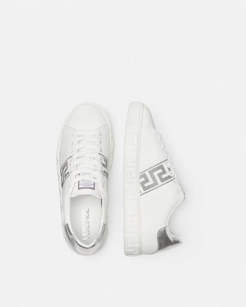 VERSACE Embroidered Greca Sneakers, White+Silver