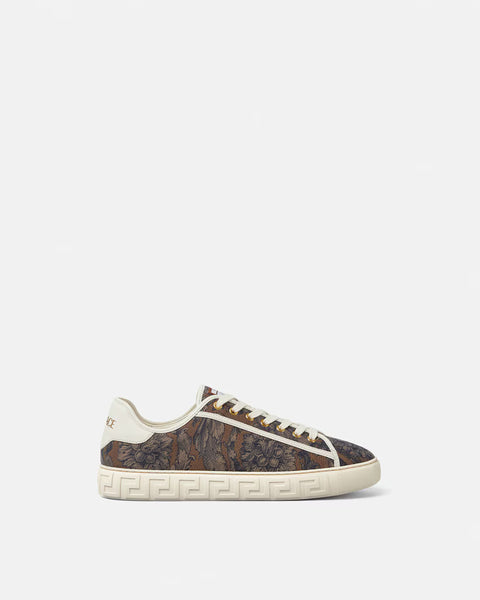 VERSACE BAROCCO GRECA SNEAKERS, BLACK+BROWN