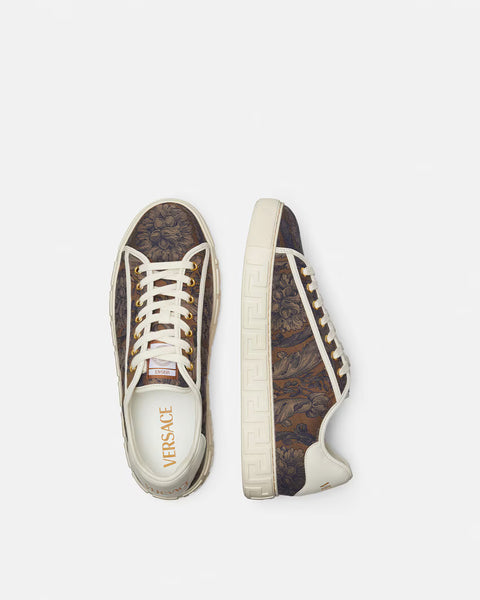 VERSACE BAROCCO GRECA SNEAKERS, BLACK+BROWN