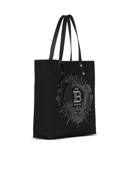 BALMAIN VARSITY MONOGRAMMED CANVAS AND LEATHER TOTE BAG, BLACK