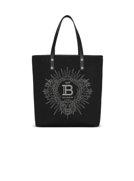 BALMAIN VARSITY MONOGRAMMED CANVAS AND LEATHER TOTE BAG, BLACK