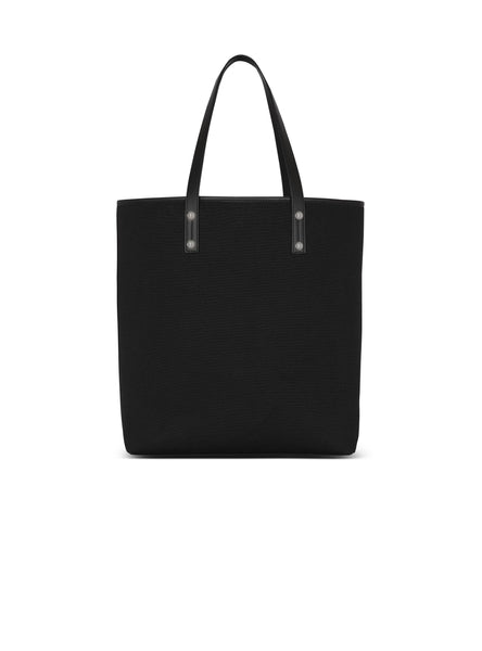 BALMAIN VARSITY MONOGRAMMED CANVAS AND LEATHER TOTE BAG, BLACK