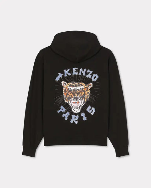 KENZO DRAWN VARSITY EMBROIDERED OVERSIZED HOODIE SWEATSHIRT, BLACK