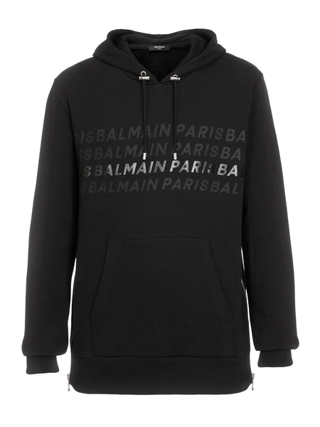 BALMAIN PRINTED FOIL HOODIE, BLACK