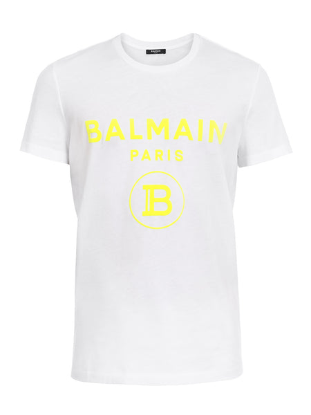 BALMAIN FLOCK LOGO T-SHIRT, WHITE