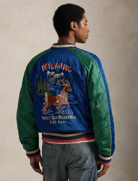 Polo Ralph Lauren Embroidered Satin Bomber Jacket, Blue/Green