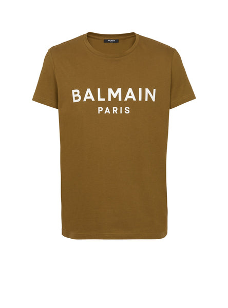 BALMAIN COTTON T-SHIRT WITH LOGO PRINT, KHAKI