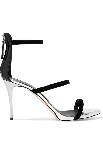 GIUSEPPE ZANOTTI Alien 80 Metallic Leather and Velvet Sandals, Black/ Silver-OZNICO
