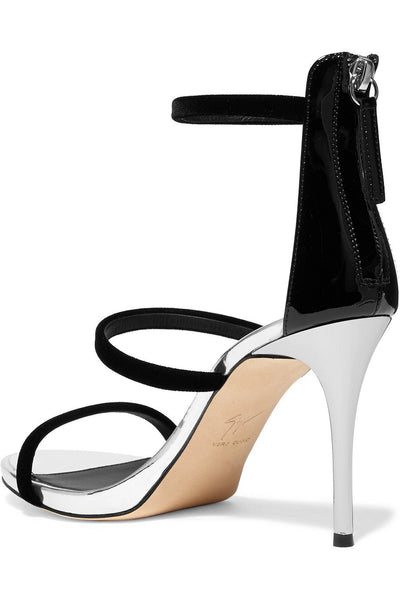 GIUSEPPE ZANOTTI Alien 80 Metallic Leather and Velvet Sandals, Black/ Silver-OZNICO