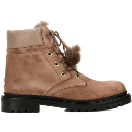 JIMMY CHOO Elba Suede and Rabbit-Fur Ankle Boots, Light Mocha-OZNICO