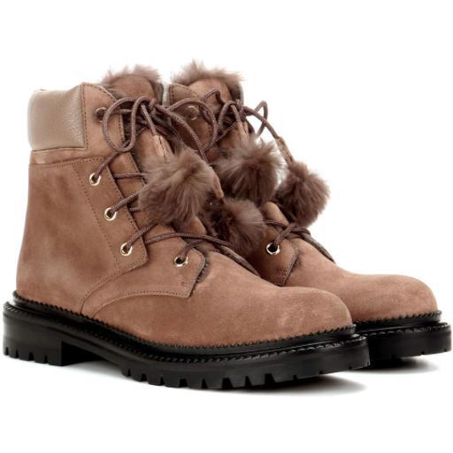 JIMMY CHOO Elba Suede and Rabbit-Fur Ankle Boots, Light Mocha-OZNICO