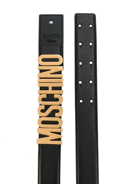 MOSCHINO Men's Textured Logo Belt, Black-Gold-OZNICO