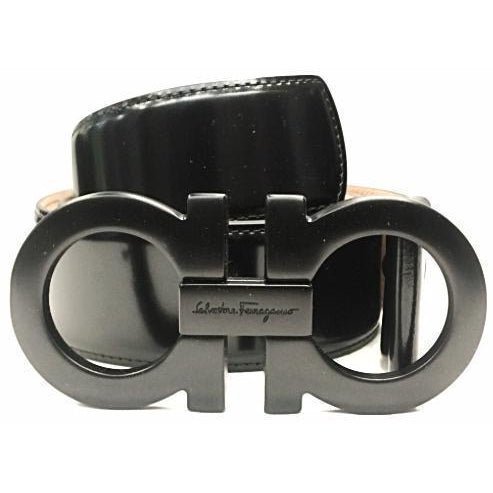 Salvatore Ferragamo Men's Smooth Reversible Calf Belt with Tonal Metallic Double Gancini Buckle - 46 / Black/Auburn