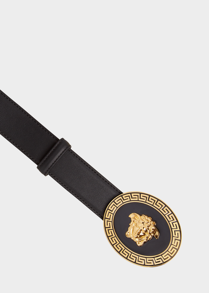 VERSACE Medusa Round Buckle Belt, Black-OZNICO