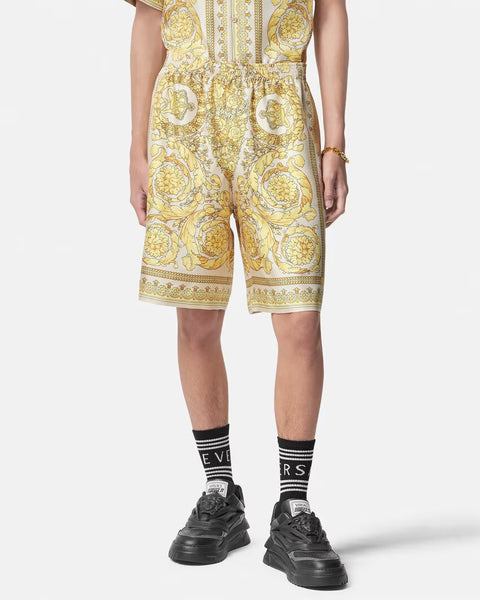 VERSACE BAROCCO SILK SHORTS, Yellow+Print