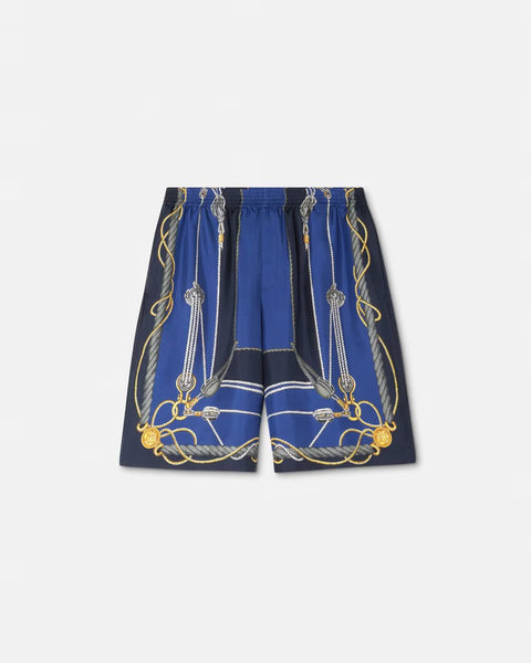 VERSACE NAUTICAL SILK SHORTS, Blue+Print