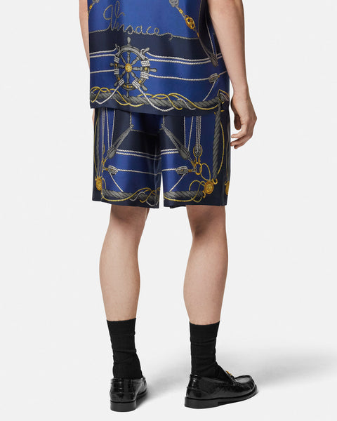 VERSACE NAUTICAL SILK SHORTS, Blue+Print