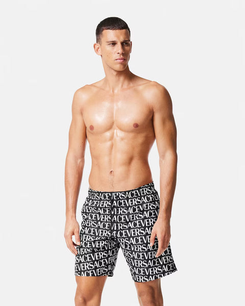 VERSACE ALLOVER BOARD SHORTS, BLACK+WHITE