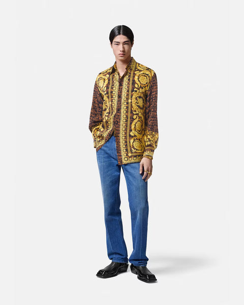 VERSACE BAROCCODILE SILK SHIRT, CARAMEL+BLACK+GOLD