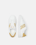 VERSACE EMBROIDERED GRECA SNEAKERS, White+Gold