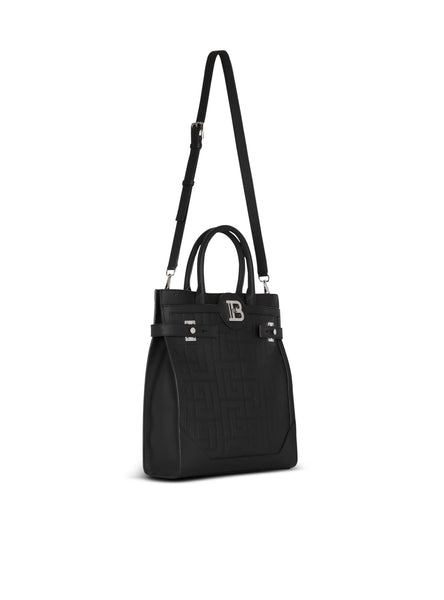 BALMAIN B-BUZZ 36 MONOGRAMMED CANVAS AND LEATHER TOTE, BLACK