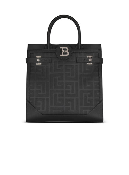 BALMAIN B-BUZZ 36 MONOGRAMMED CANVAS AND LEATHER TOTE, BLACK