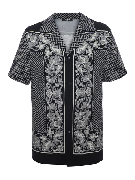 BALMAIN PAISLEY AND MINI MONOGRAM PRINTED SILK SHIRT, BLACK