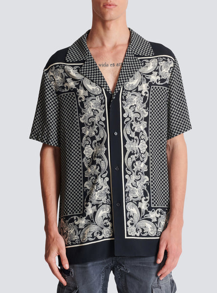 BALMAIN PAISLEY AND MINI MONOGRAM PRINTED SILK SHIRT, BLACK