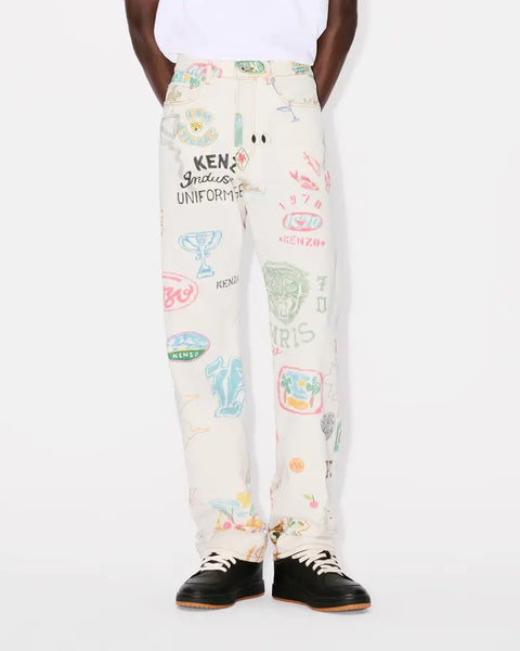KENZO DRAWN VARSITY ASAGAO STRAIGHT LEG DENIM PANTS MULTICOLOR