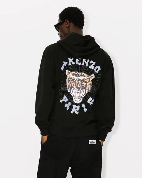 KENZO DRAWN VARSITY EMBROIDERED OVERSIZED HOODIE SWEATSHIRT, BLACK