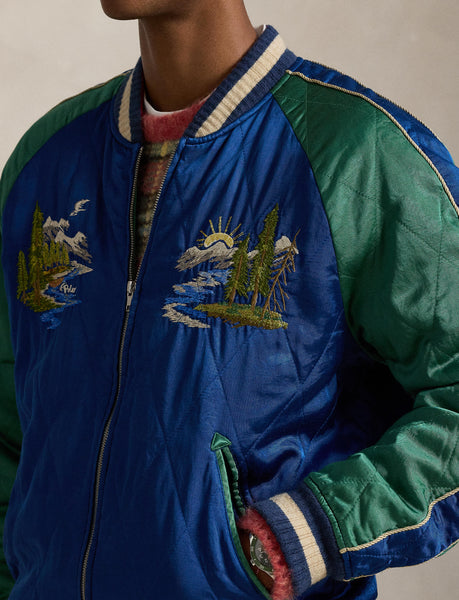 Polo Ralph Lauren Embroidered Satin Bomber Jacket, Blue/Green