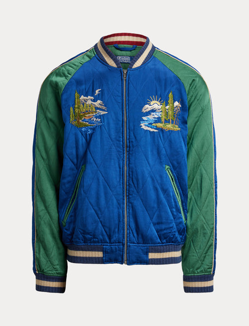 Polo Ralph Lauren Embroidered Satin Bomber Jacket, Blue/Green