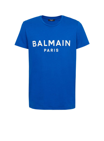 BALMAIN COTTON T-SHIRT WITH LOGO PRINT, ROYAL