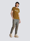 BALMAIN COTTON T-SHIRT WITH LOGO PRINT, KHAKI