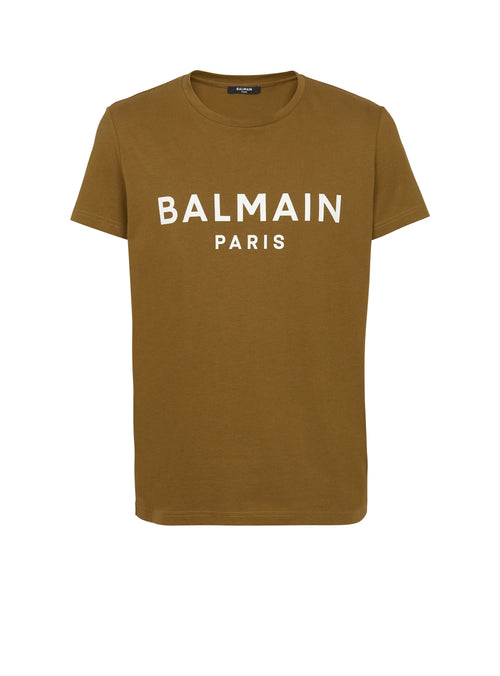 BALMAIN COTTON T-SHIRT WITH LOGO PRINT, KHAKI
