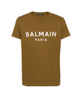 BALMAIN COTTON T-SHIRT WITH LOGO PRINT, KHAKI