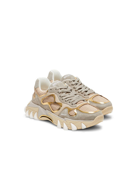 BALMAIN B-EAST TRAINER IN LEATHER, SUEDE AND MESH, GREGE-GOLD