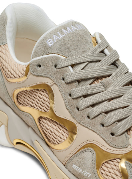 BALMAIN B-EAST TRAINER IN LEATHER, SUEDE AND MESH, GREGE-GOLD