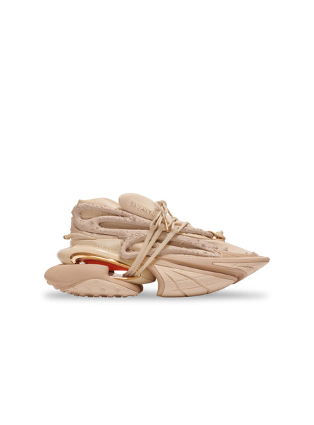 BALMAIN B-EAST TRAINER IN LEATHER, SUEDE AND MESH, GREGE-GOLD