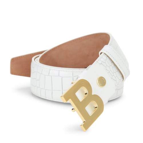 BALLY Croc-Embossed Leather Logo Belt, White-OZNICO