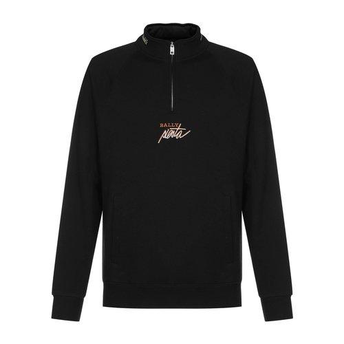 BALLY Mock Zip Hooded Sweatshirt, Black-OZNICO