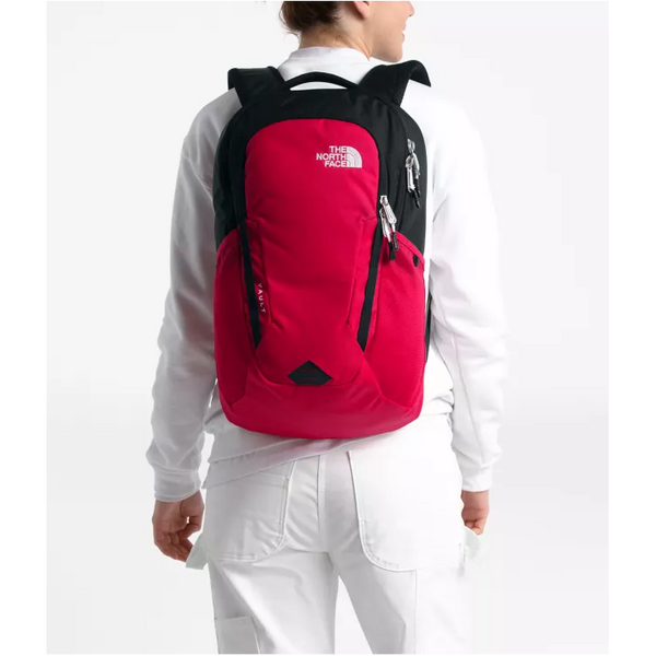Red black and top white north face backpack