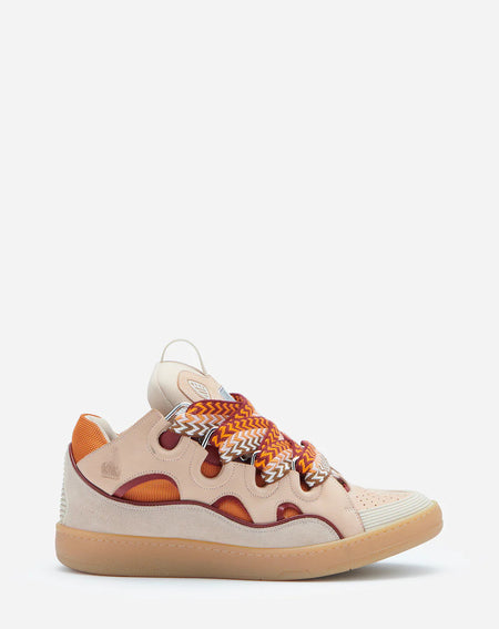 LANVIN X FUTURE HYPER CURB SNEAKERS IN LEATHER AND SUEDE, TAUPE/RED