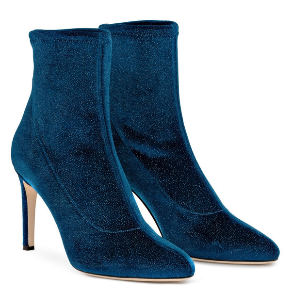 GIUSEPPE ZANOTTI Celeste Glitter Velvet Stretch Bootie, Blue-OZNICO