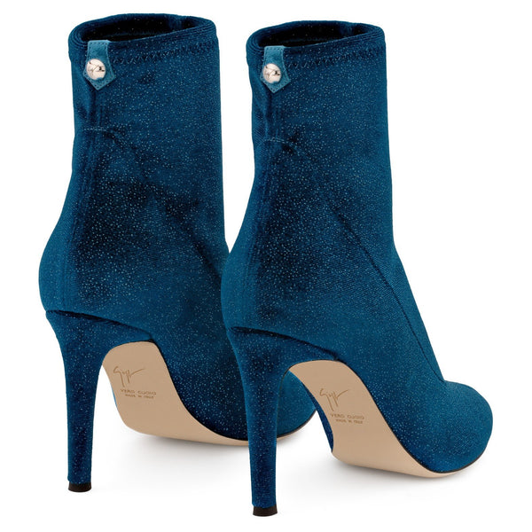 GIUSEPPE ZANOTTI Celeste Glitter Velvet Stretch Bootie, Blue-OZNICO