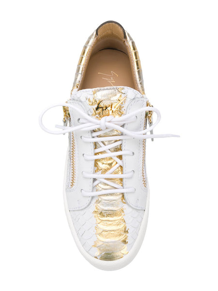 GIUSEPPE ZANOTTI Gail Metallic Low Top Women's Sneaker, White/ Gold-OZNICO